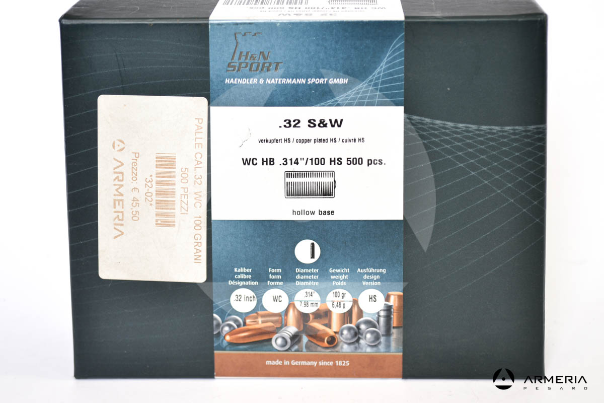 Palle ogive H&N Sport Haendler & Natermann calibro 32 S&W WC HB - 100 grani - 500 pz