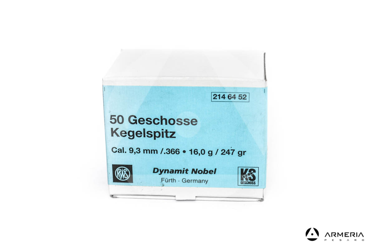 Palle ogive RWS Kegelspitz dynamite nobel calibro 9.3 mm .366 - 247 grani - 50 pezzi