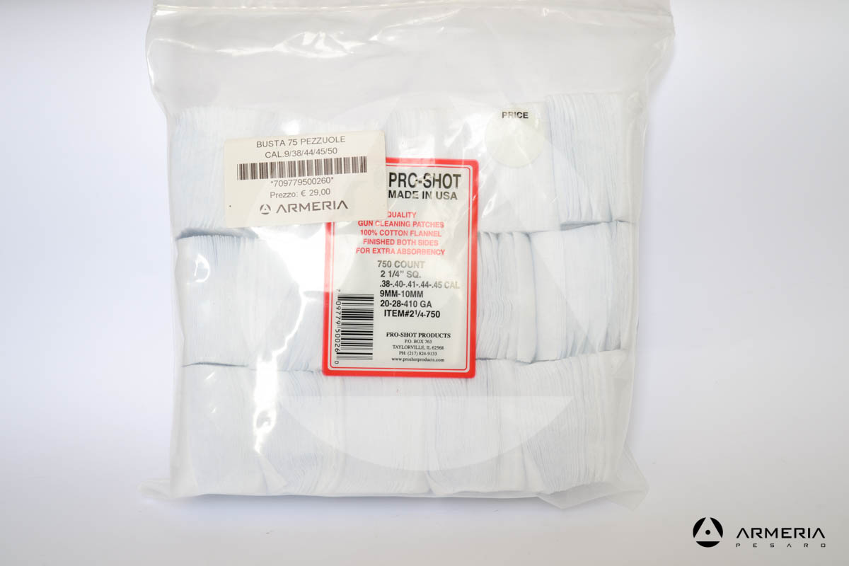 Busta set pezzuole Pro Shop 100% cotone per pulizia pistola 750 pz