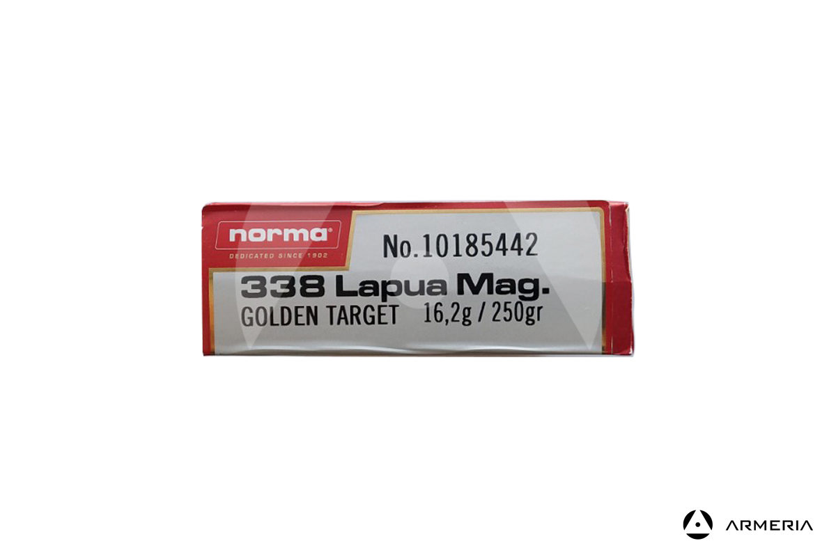 Norma Golden Target Match calibro 338 Lapua Magnum 250 grani lato